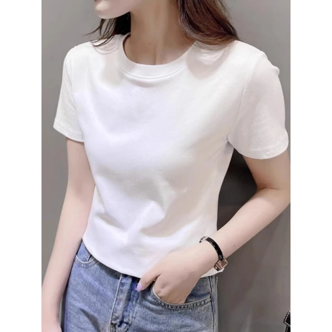 欧货白色短袖t恤女夏2025新款正肩高端短款体恤独特漂亮掐腰上衣