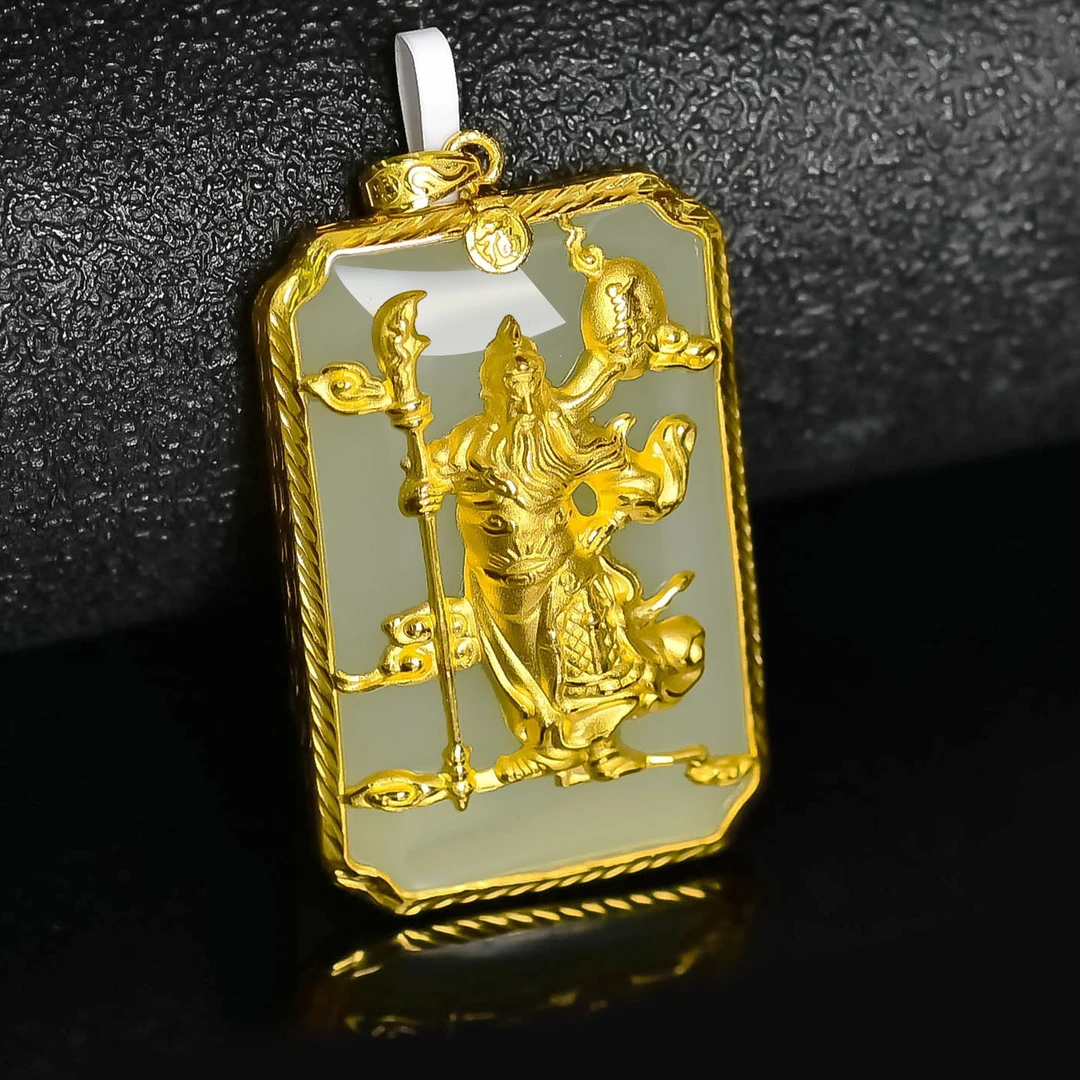 黄金关公吊坠999足金手工镶嵌和田玉武财神关二爷挂件情侣款礼物