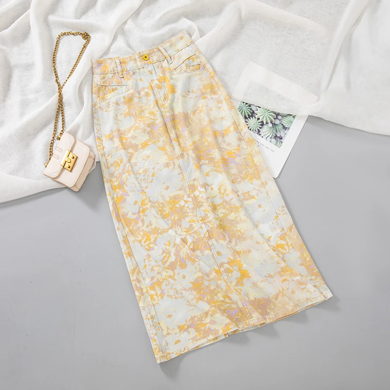 牛仔半身裙女印花高腰碎花气质时尚夏季薄款包臀中长A字裙子9808