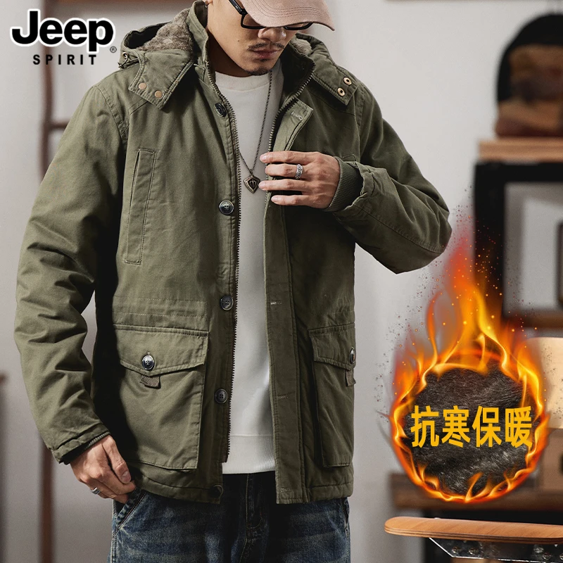 JEEPSPIRIT吉普秋冬加厚保暖宽松户外连帽棉衣夹克美式工装外套