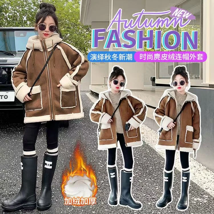 虚拟猫简约连帽女童外套冬装大衣加厚皮毛一体