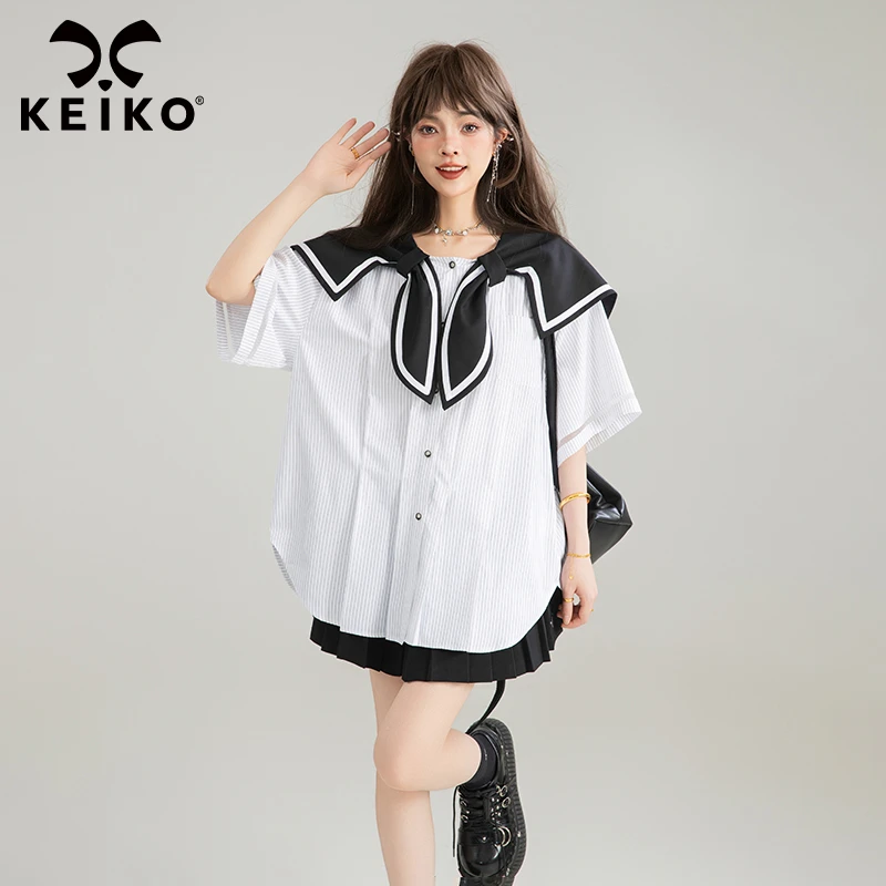 KEIKO 航海系减龄条纹短袖衬衫女夏季学院海军领茶里茶气别致上衣