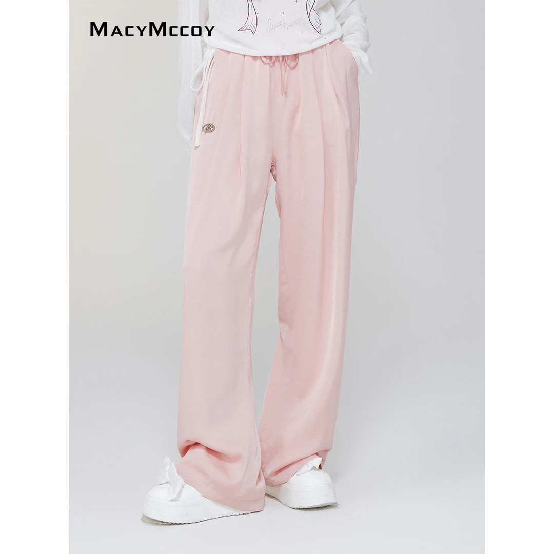 MacyMccoy冰丝垂感阔腿裤女夏季新品凉爽透气松紧腰薄款休闲长裤