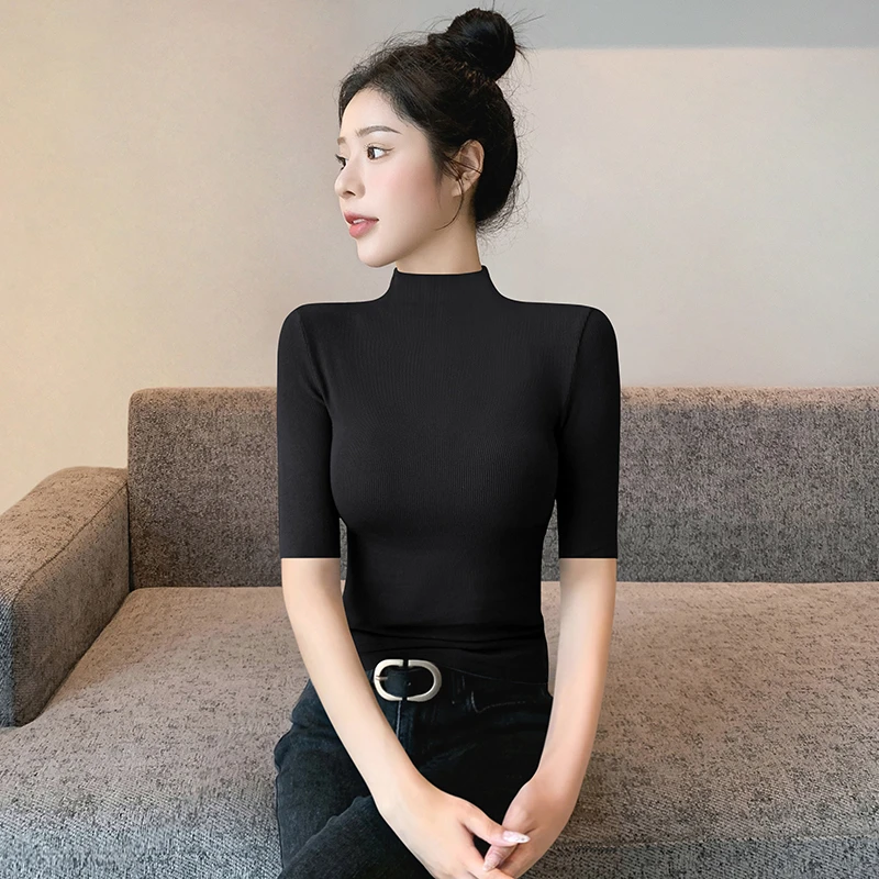 欧若风螺纹中袖五分袖半高领修身T恤内搭时尚洋气黑色半袖打底衫