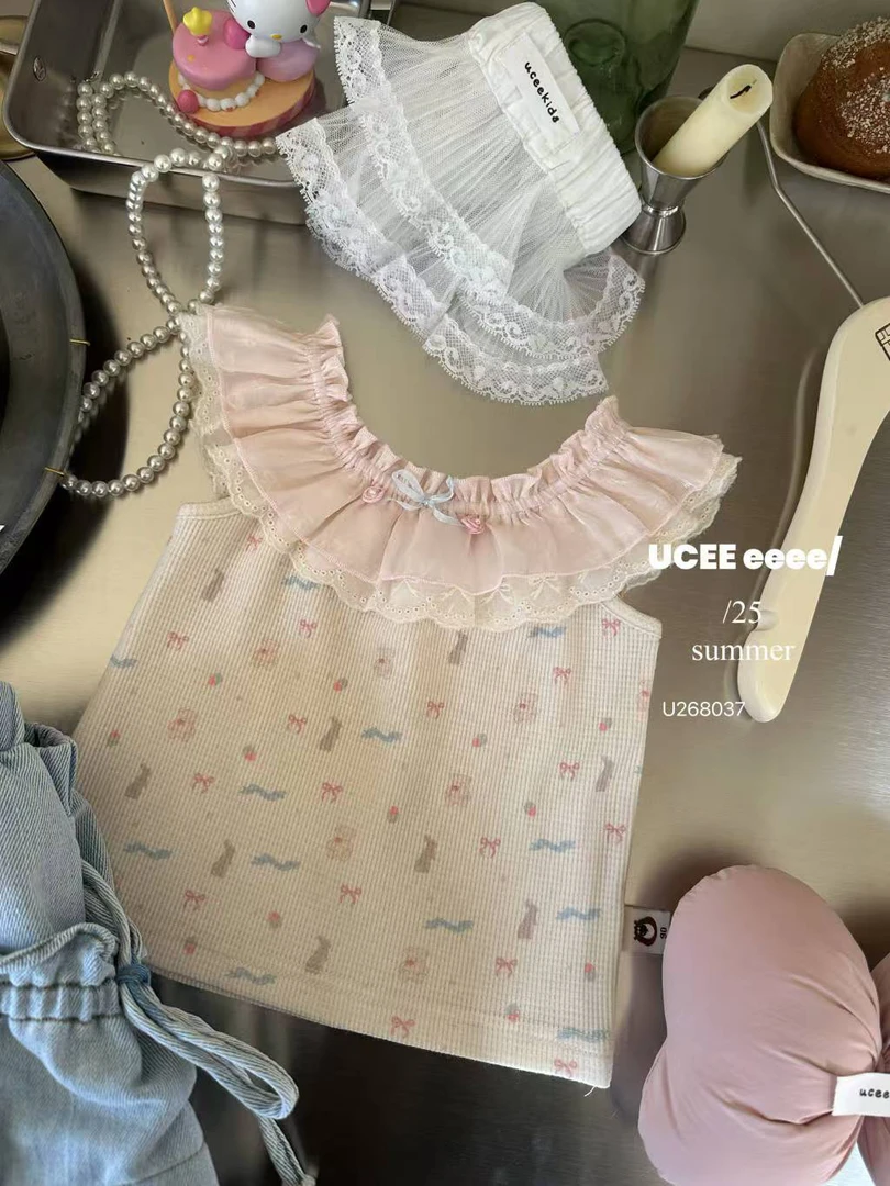 釉  夏季新款女童碎花玫瑰领背心小吊带8037