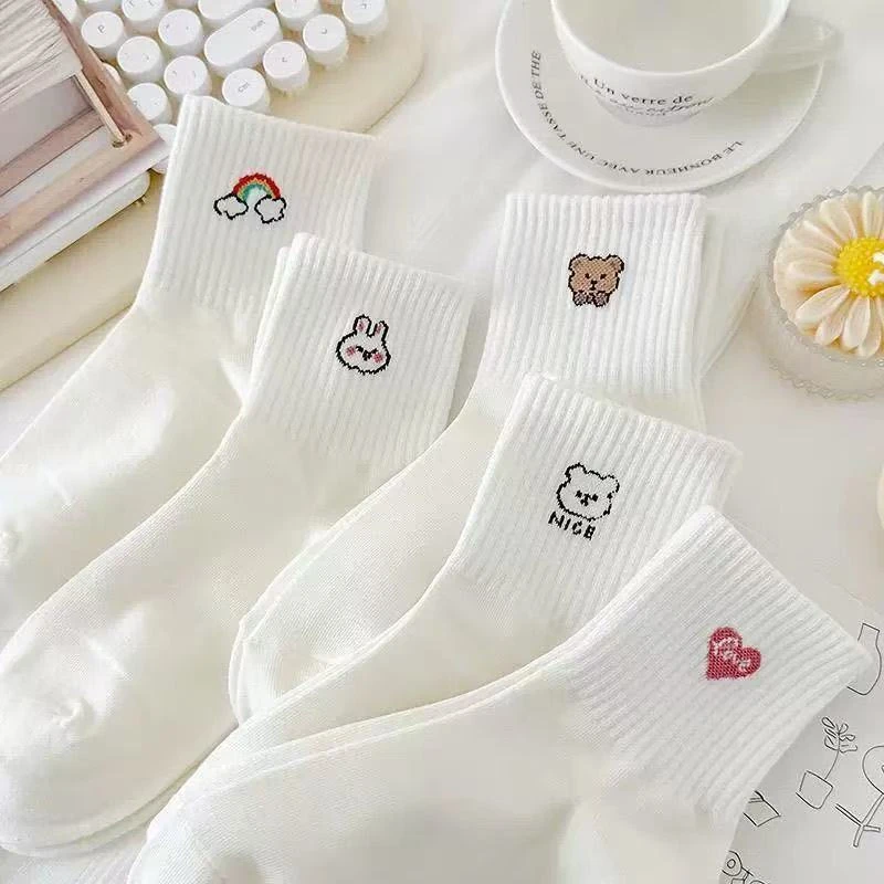 白色卡通袜子女中筒春秋季韩版ins潮百搭日系透气学生可爱