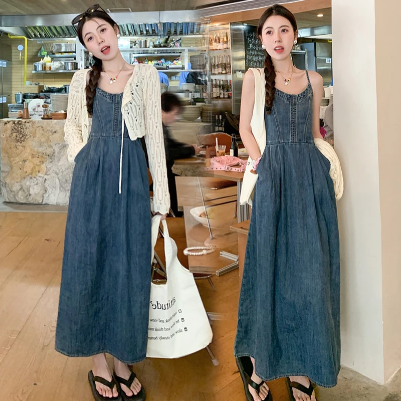 糖尤尤~新款孕妇套装夏季针织开衫披肩上衣+时尚牛仔吊带连衣裙