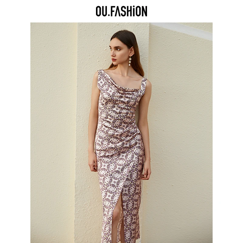 OU.FASHION/欧点法式斜肩碎花背心连衣裙度假开叉长裙1122420171