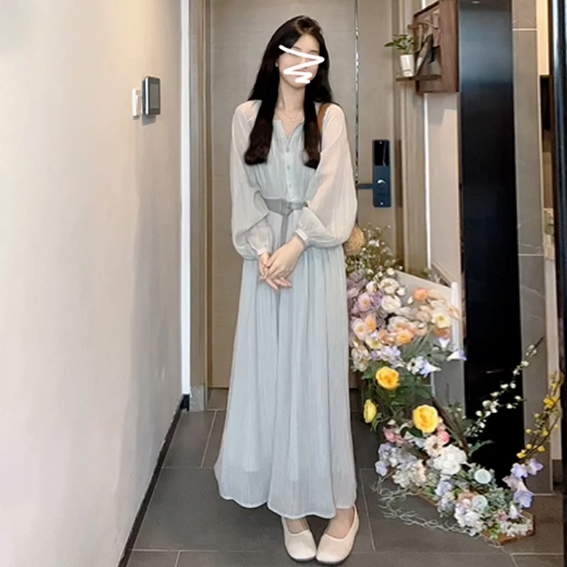 法式温柔蓝色长袖连衣裙子女早春穿搭新款小个子气质收腰长裙4475