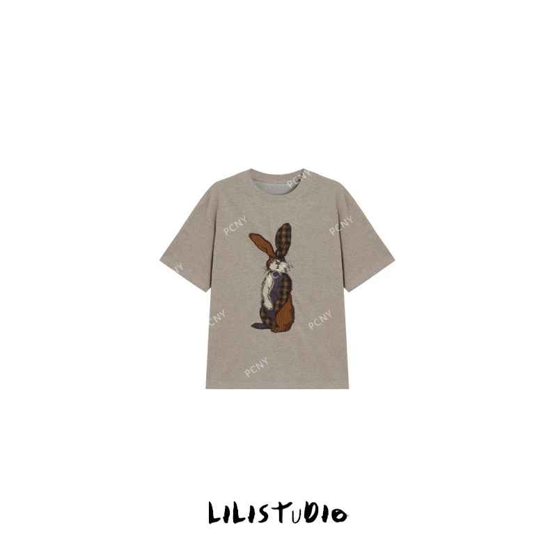 PCNY「绒绒兔趣」不理理夏季新款小众女装贴布绣兔子T恤圆领短袖