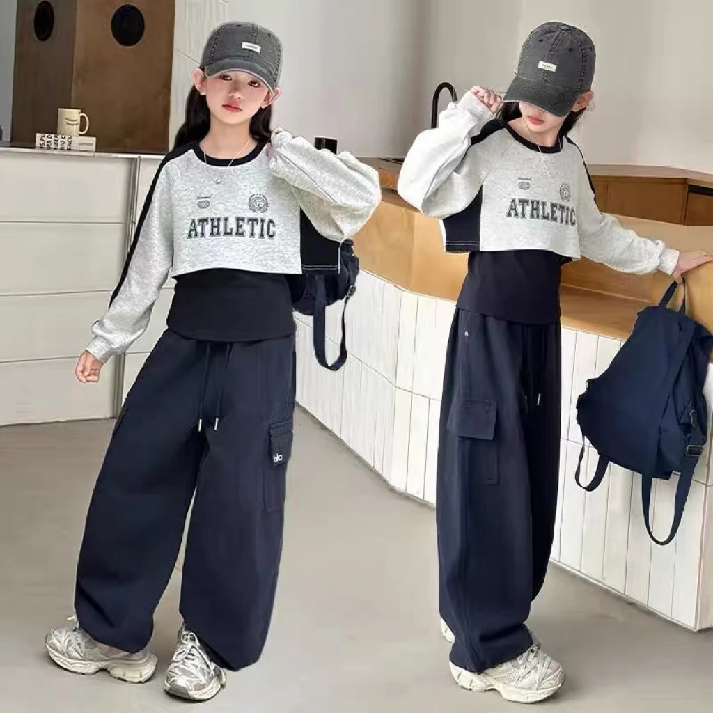 女童秋季开学三件套2025美式长袖印花卫衣工装裤中大童亲子套装