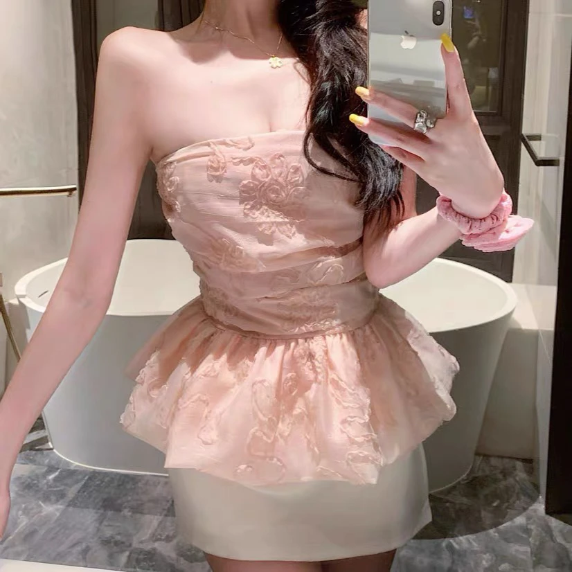 一字肩花苞蓬蓬吊带背心女外穿夏纯欲甜辣妹收腰抹胸上衣泰式小众