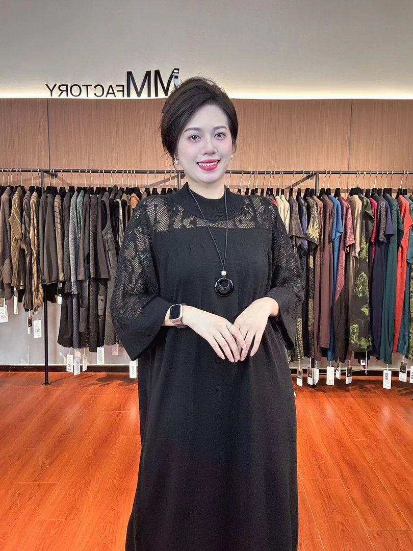 777  MMfactory镂空高腰拼接提花圆领宽松秋季设计师A字裙连衣裙