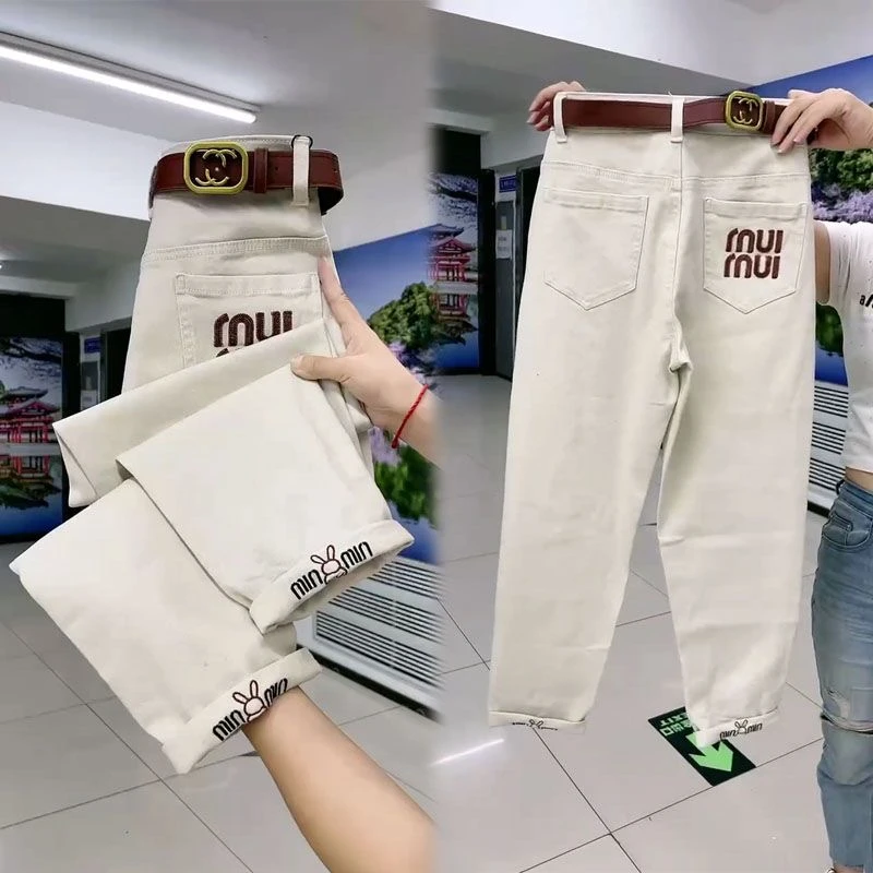 新款水洗休闲裤女秋春秋爆款刺绣高腰时尚哈伦裤韩版修身百搭女裤