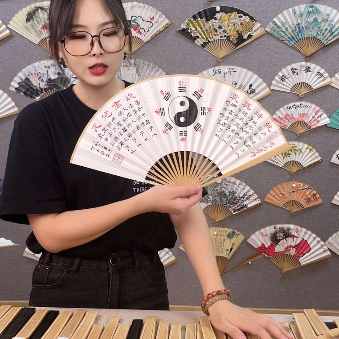 国画8寸玉竹-纯手绘-文玩扇骨（默认粘好）