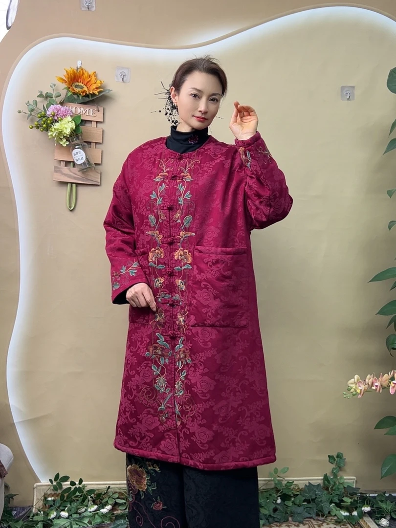 冬季棉麻加棉加厚民族风国风新中式秋冬新款保暖时尚绣花长外套