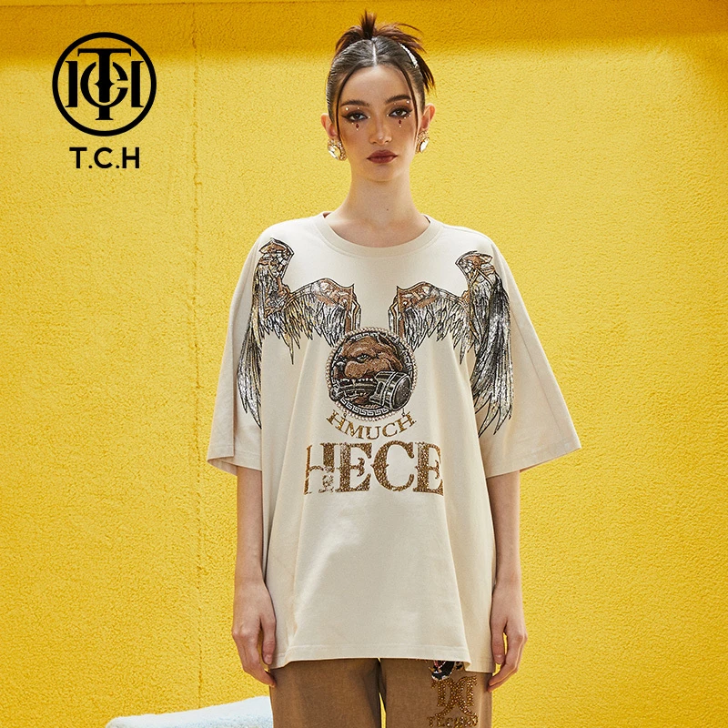 TCH潮牌T恤烫钻字母翅膀休闲时尚潮流男女米色短袖T69A106026