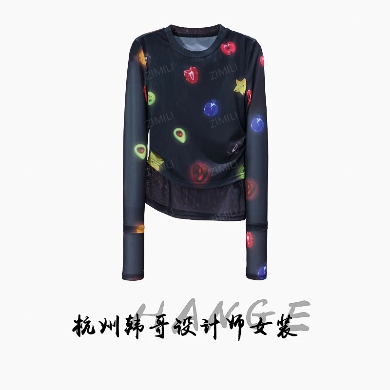 【韩哥女装】冰凉一夏欧货小众轻奢黑色印花修身网纱衫6602