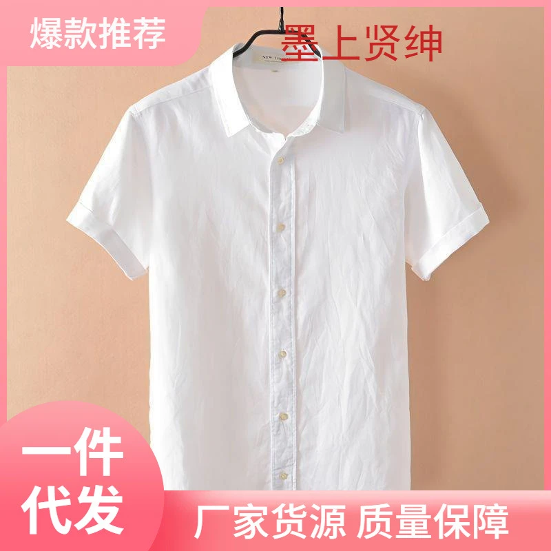 透气亚麻衬衫男士短袖轻奢上衣夏季薄款翻领青年棉麻料休闲白衬衣