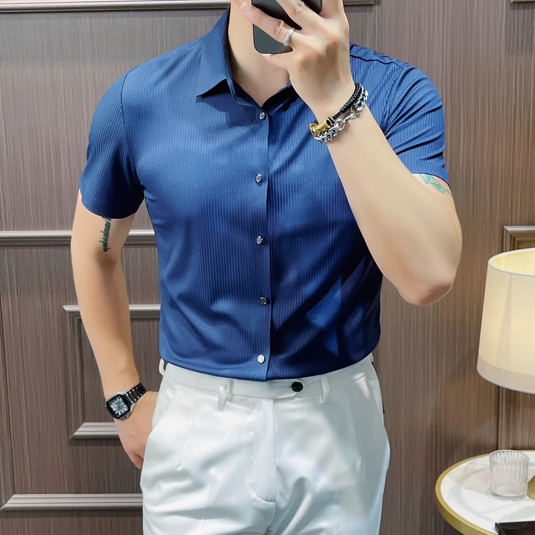 短袖纯色薄款夏季男潮流肌理衬衫修身衬衣商务男士轻奢冰丝条纹