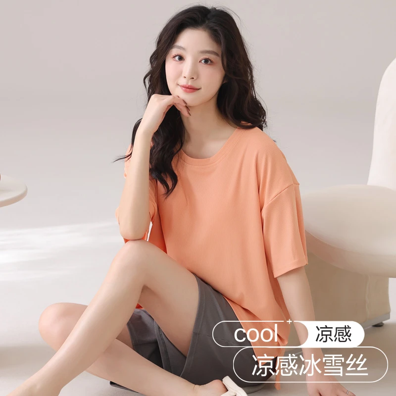 短袖睡衣女夏季冰丝可外穿高级感带胸垫纯色简约宽松家居服两件套