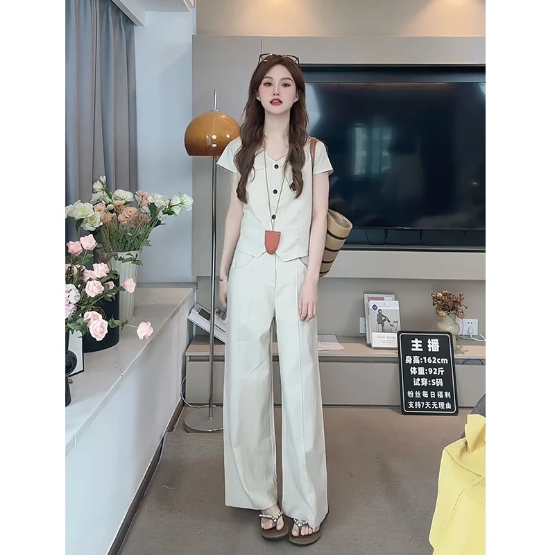 复古温柔风时尚套装女2025夏季新款小众减龄短袖上衣阔腿裤两件套