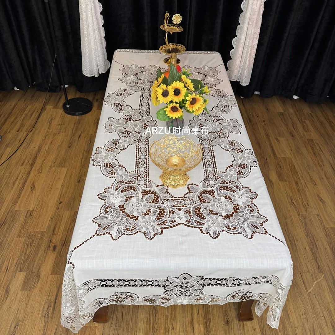 亚麻桌布餐桌布茶几布台布刺绣新疆包邮白色桌布