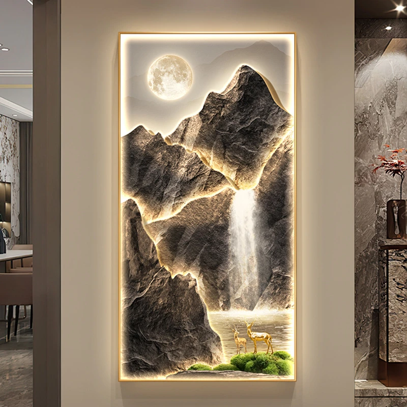 现代轻奢玄关装饰画高档大气山水壁画高山流水新中式走廊过道挂画
