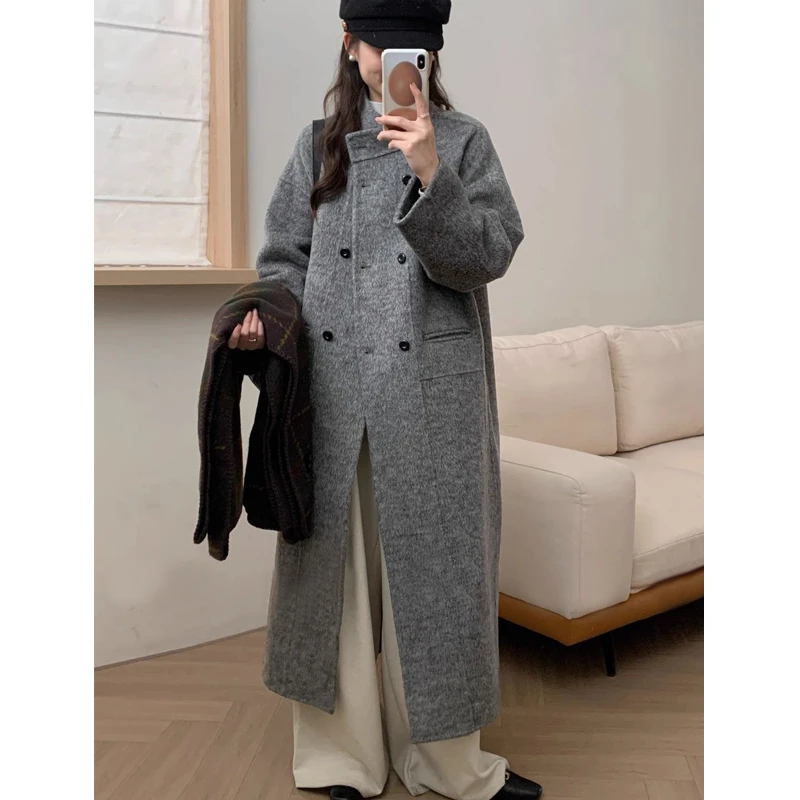 【25130】立领韩系双排扣大衣女中长款毛呢外套