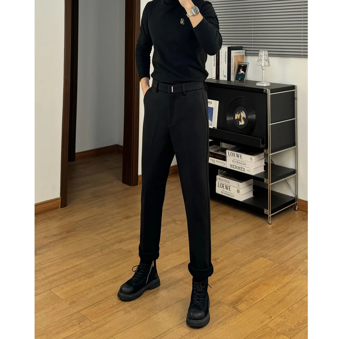 冬季弹力斜纹直筒微锥毛呢休闲裤加绒加厚抗皱极简九分裤西裤长裤