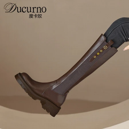 DUCURNO美拉德靴子女套筒显瘦弹力靴棕色不过膝长筒靴真皮骑士靴