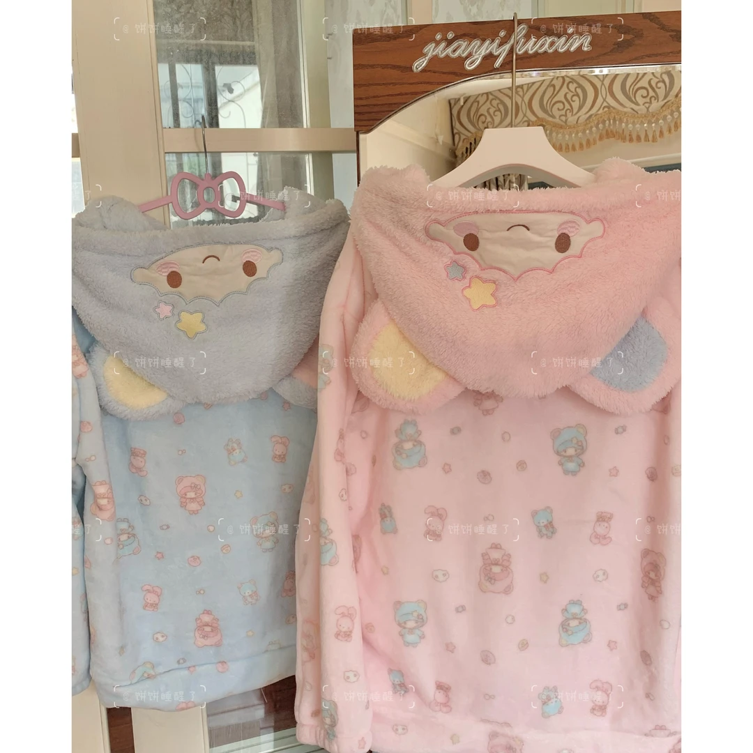 连帽卡通双子星冬季法兰绒睡衣女可爱加绒加厚保暖学生家居服套装
