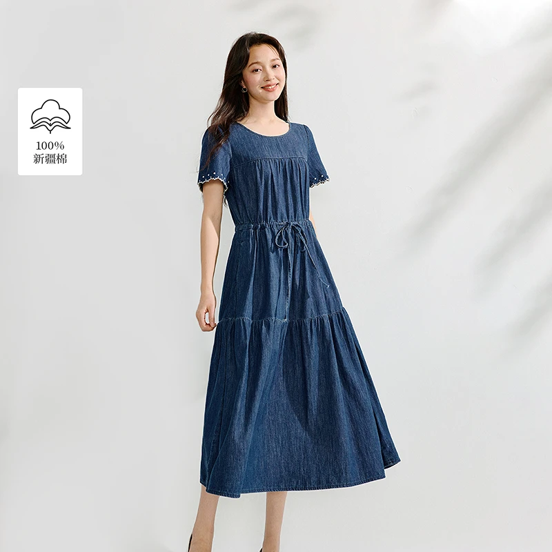 【商场同款】茵曼法式纯棉牛仔连衣裙2025夏季女装新款宽松a字裙
