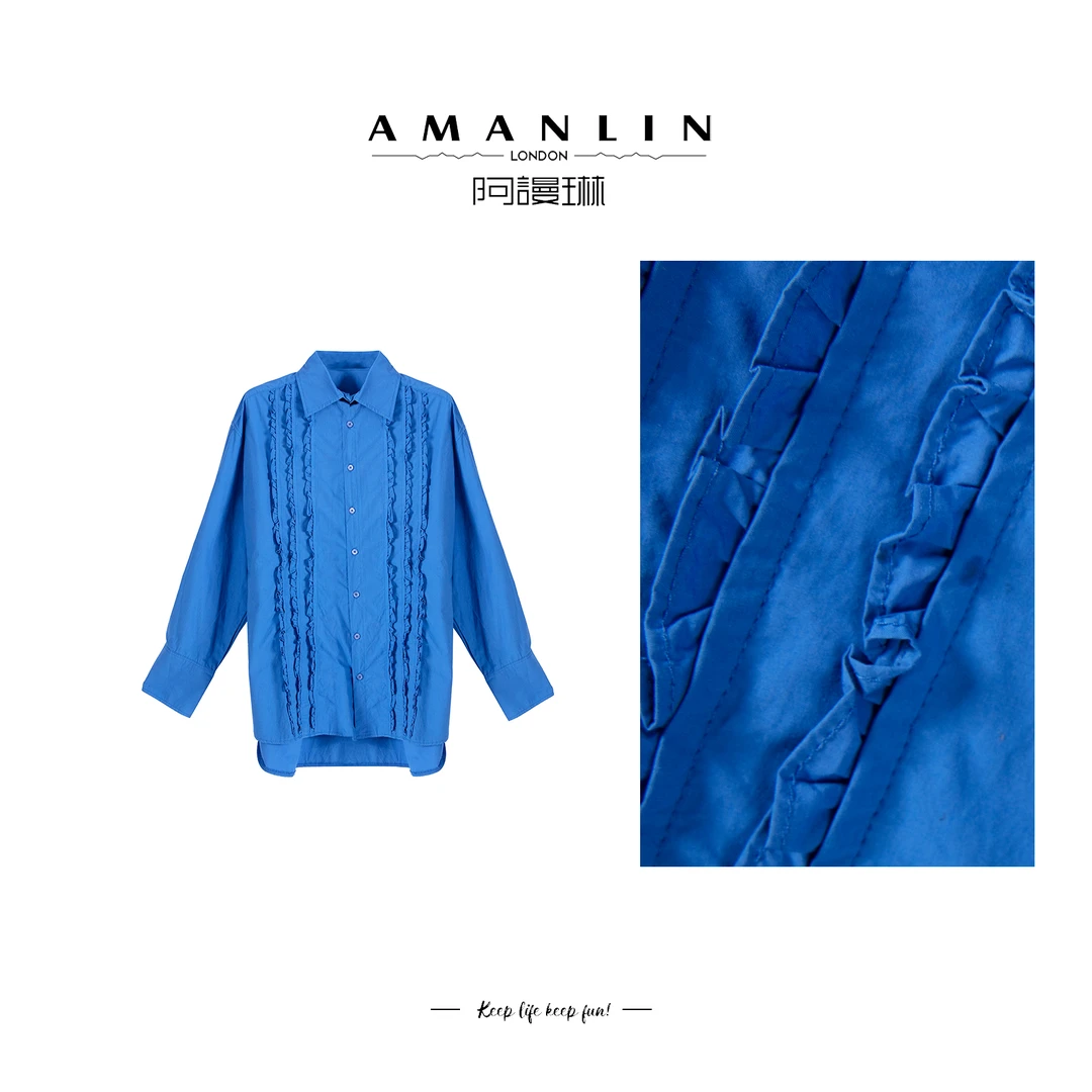 【AMANLIN】冬季设计感显瘦百搭休闲纯色花边衬衫上衣时尚F595132