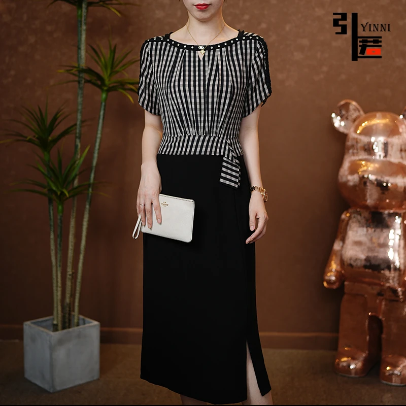 引匿端午福利款(现货)A805阳光珠拼丝皱假两件复古气质连衣裙女