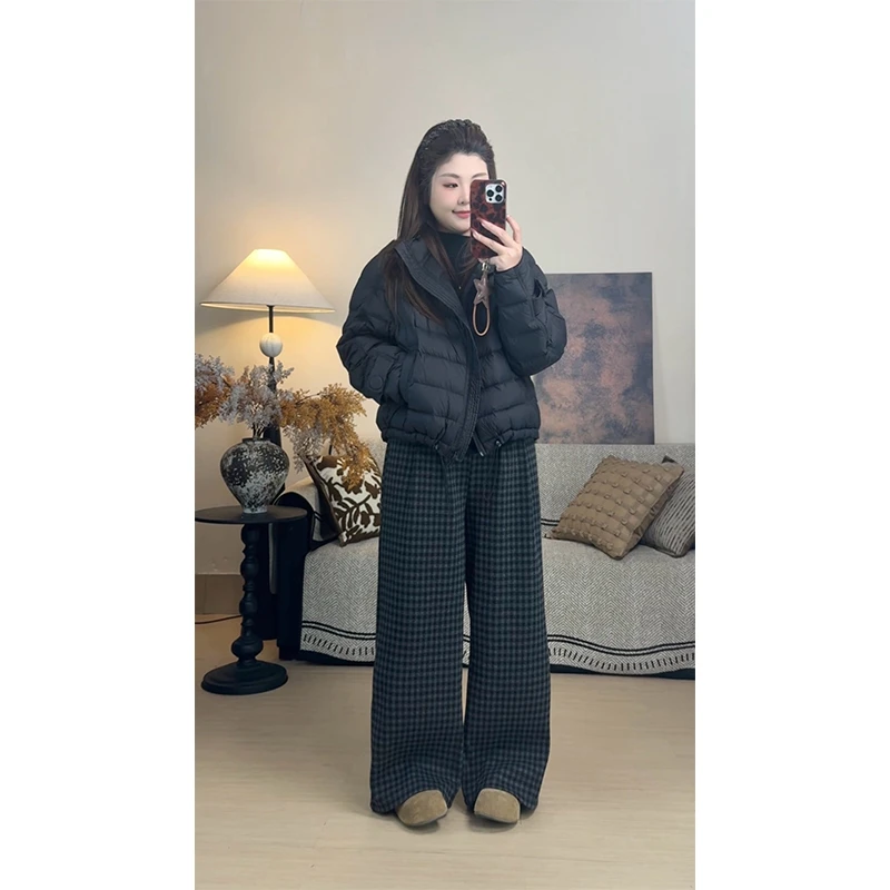 阔腿裤加绒休闲裤女款爆款2025新款秋冬季大码宽松外穿格子裤子女
