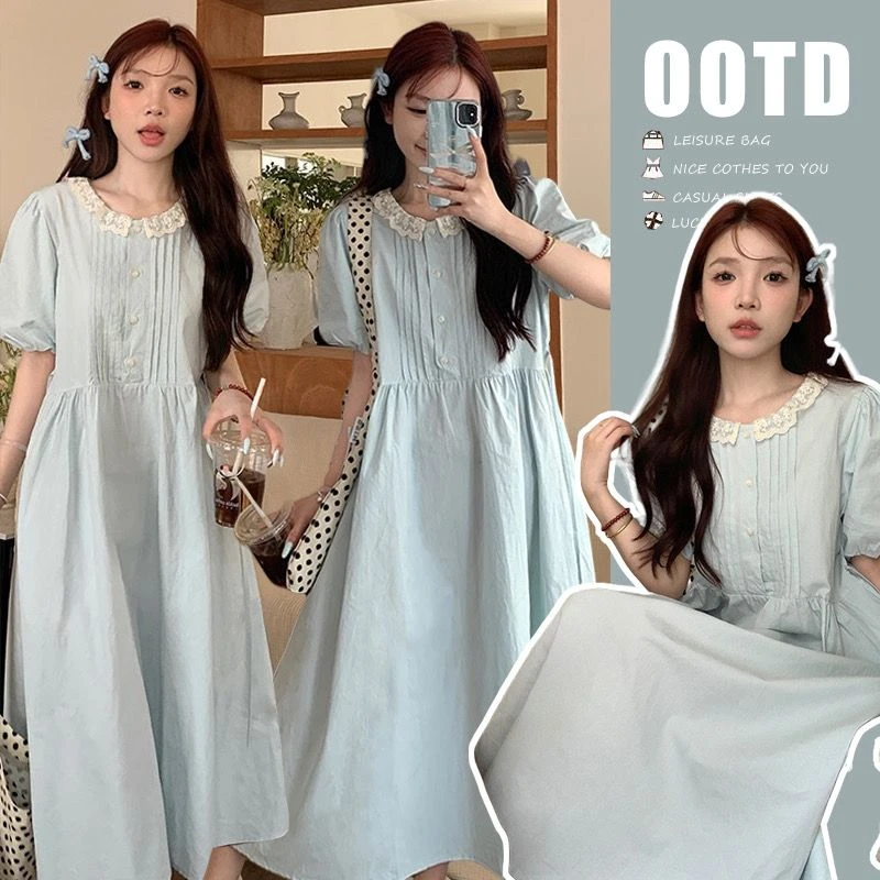 孕妇装2025新款韩系夏季薄荷色花边甜美减龄孕妇休闲中长款连衣裙