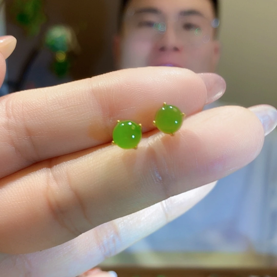 银S925镀金镶嵌和田玉（碧玉）耳饰