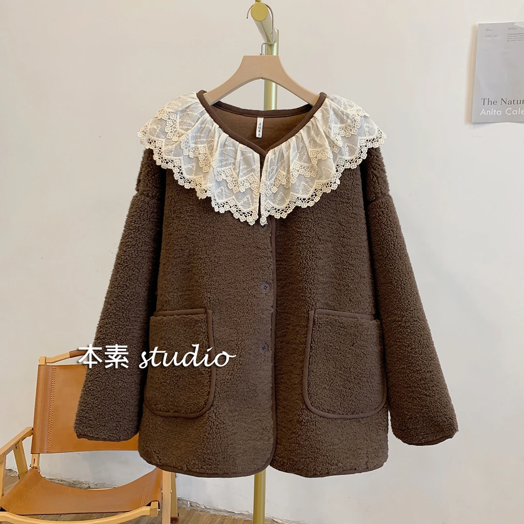 棉花糖C2804蕾丝拼接娃娃领毛绒外套