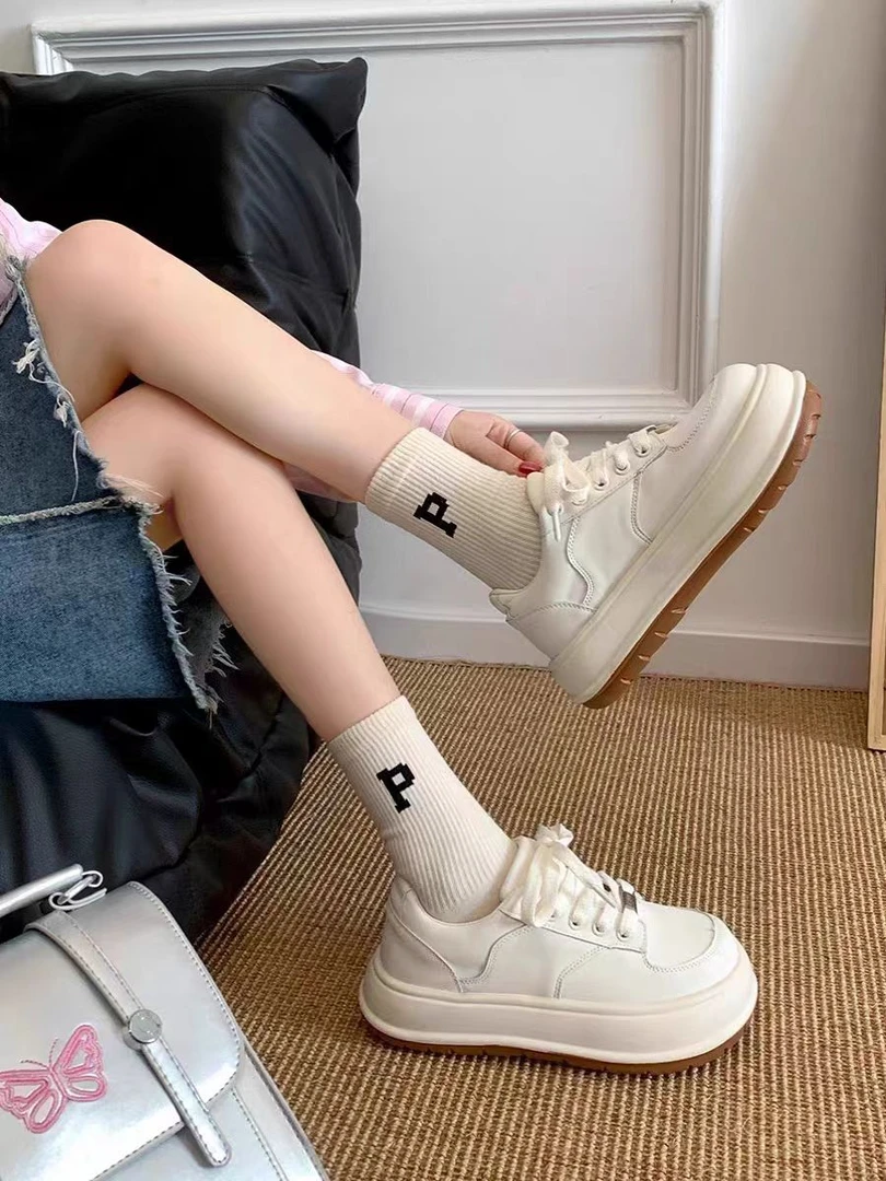 真皮大头娃娃松糕厚底休闲板鞋女2024秋新款小白鞋运动鞋86-01