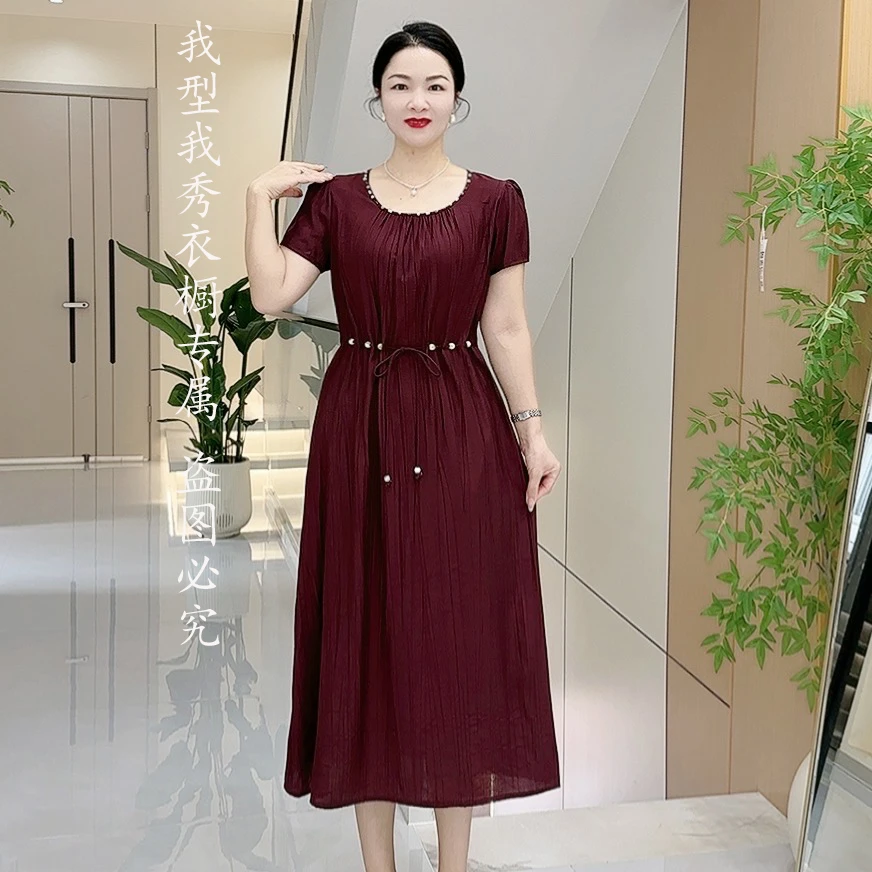 K85108夏季气质法式圆领宽松时尚显瘦型女装系带中长裙连衣裙