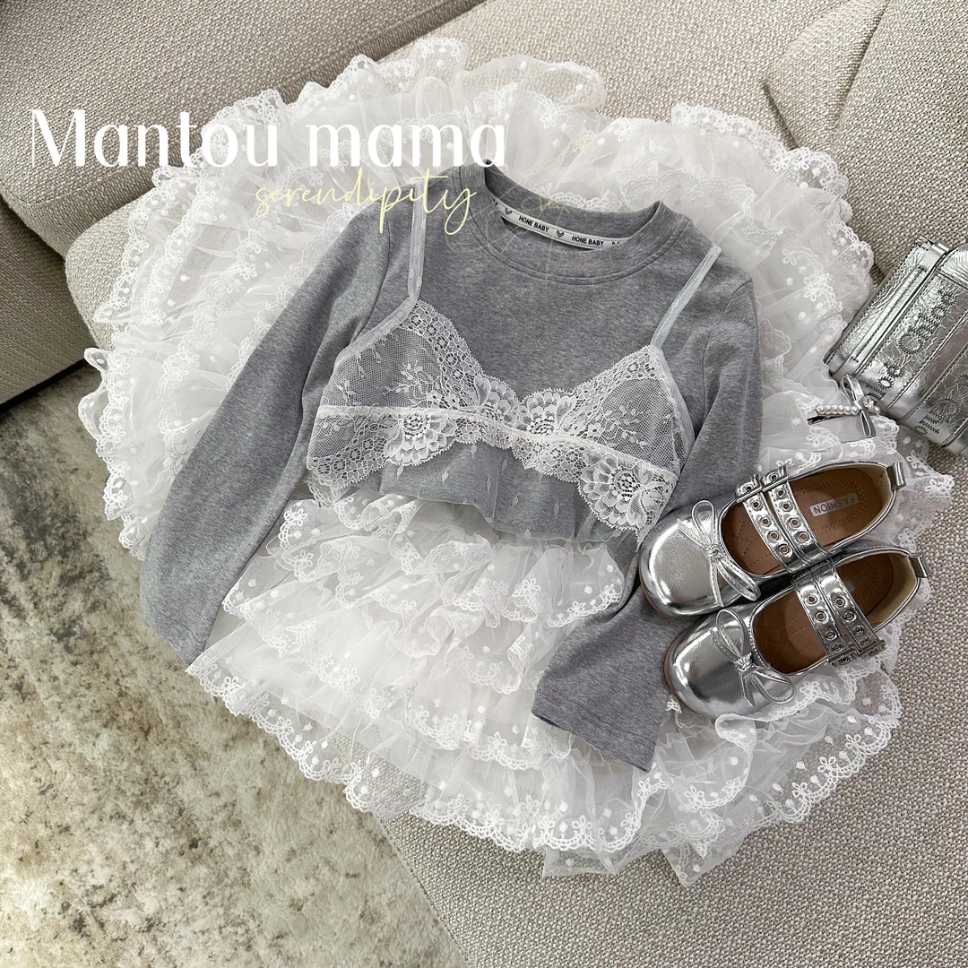 【Mt studio】【新款】假两件长袖上衣春秋女童个性蕾丝简约精致百搭