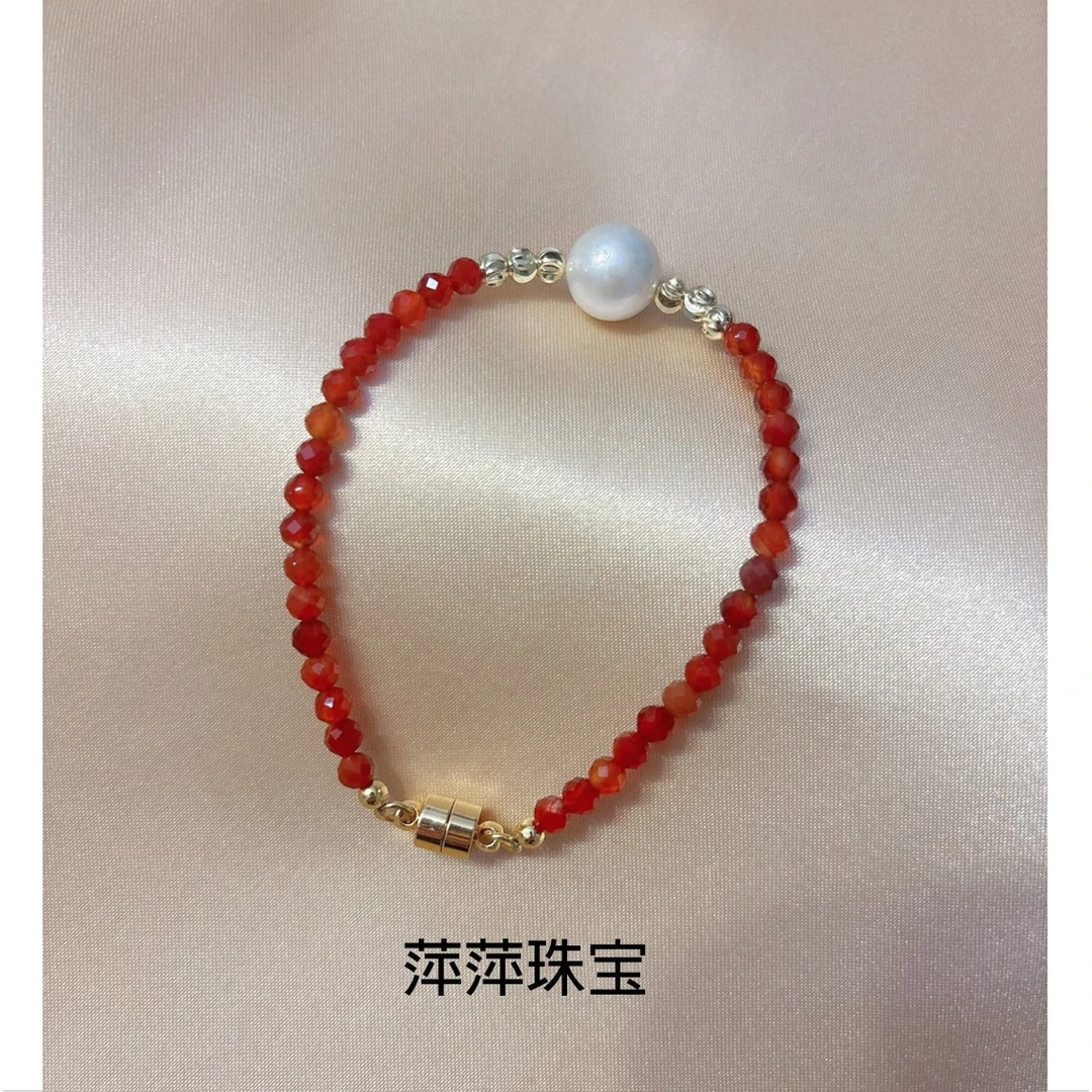 【禧福】淡水珍珠手链手工轻奢百搭红色气质复古镶嵌时尚