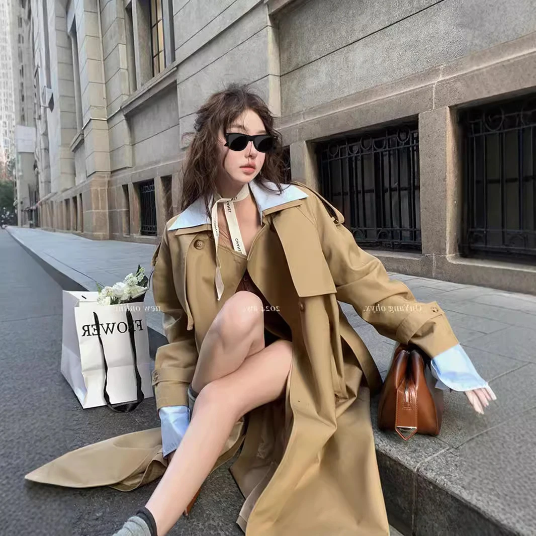 时尚口袋长袖春季休闲气质巴黎风情风衣收腰风衣显瘦中长款