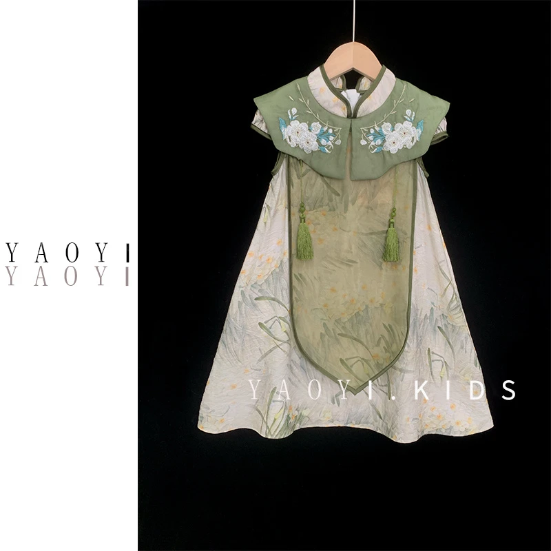 YaoYi.瑶壹[满汀芳草]蕾丝女童中式中国风重工设计师绣花连衣裙