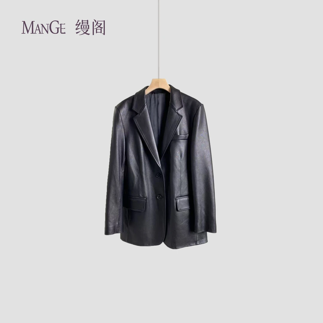 MANGE缦阁 真进口绵羊皮革 时尚极简风 平驳领西装皮衣外套上衣