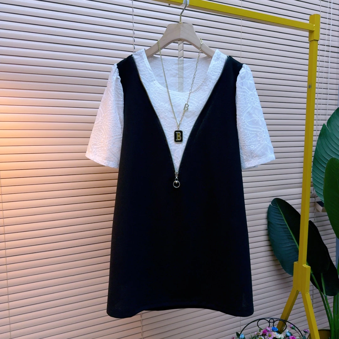 拼色泡泡袖连衣裙蝴蝶结后背设计显瘦气质小黑裙中长款9001