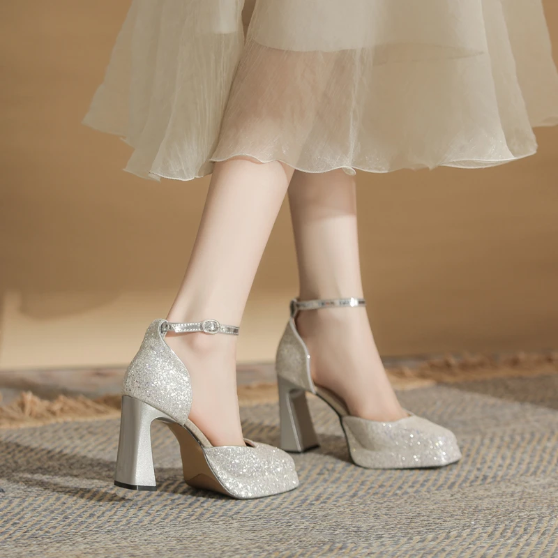 高跟鞋粗跟防水台仙女风方头单鞋一字带玛丽珍法式气质中空凉鞋女