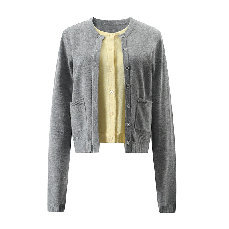 JODIE WANG 羊毛假两件撞色纽扣开衫女5120