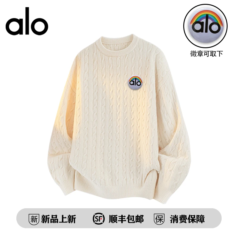 品牌折扣  秋季麻花毛衣情侣宽松休闲慵懒风感圆领徽章百搭针织衫